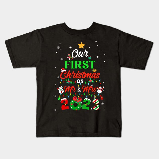 Our First Christmas As Mr And Mrs 2023 Couple Wife Husband Kids T-Shirt by James Green